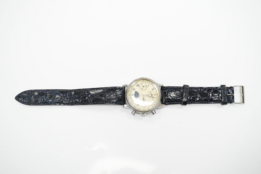 A gentleman's stainless steel calendar moonphase chronograph manual wind wrist watch, case diameter 36mm, on a later associated strap. Condition - poor to fair